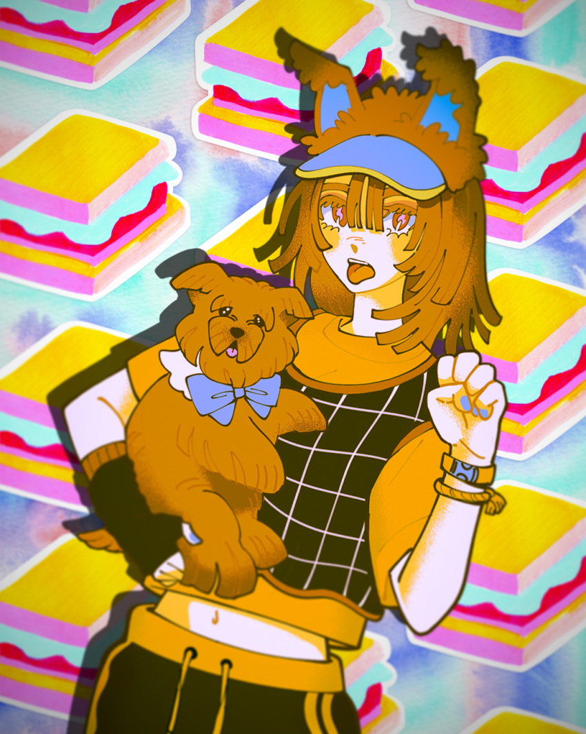 1990s_(style) 1girl :p animal animal_ear_headwear animal_ears arm_warmers black_arm_warmers black_pants black_vest blue_bow blue_nails blurry bow brown_dog brown_hair brown_headwear commentary cowboy_shot dog dog_ears fake_animal_ears fingernails food food-themed_background hair_between_eyes hand_up highres holding holding_animal inuha_dog_wave looking_at_viewer medium_hair midriff_peek multicolored_background nail_polish navel orange_shirt original pants paw_pose pink_eyes retro_artstyle shirt short_sleeves single_arm_warmer solo standing symbol-only_commentary t-shirt tongue tongue_out vest visor_cap wristband