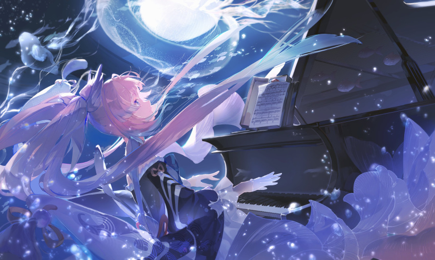 1girl a_ji absurdres blue_bow blue_dress blue_eyes bow dress floating_hair frilled_sleeves frills full_moon genshin_impact gloves grand_piano half_gloves highres instrument japanese_clothes jellyfish long_hair long_sleeves looking_up moon music off-shoulder_dress off_shoulder piano pink_hair playing_instrument sangonomiya_kokomi seigaiha sheet_music solo tassel very_long_hair white_gloves