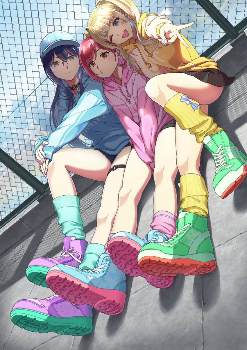 3girls absurdres baseball_cap between_legs black_shorts black_skirt blonde_hair blue_eyes blue_footwear blue_headwear blue_hoodie bob_cut bow_legwear breasts chain-link_fence choker commentary_request concrete drawstring earrings fence fingernails full_body girugiru_(tektonics6588) glasses green_eyes green_footwear green_socks hand_between_legs hands_on_own_knee hat heart heart_tattoo highres hood hoodie jewelry knee_up long_hair looking_at_viewer medium_breasts multiple_girls nail_polish on_floor one_eye_closed open_mouth original pink_eyes pink_footwear pink_hair pink_hoodie pink_nails pink_socks pleated_skirt purple_footwear pursed_lips rooftop shoes short_hair short_shorts shorts sitting skirt small_breasts smile sneakers socks straight_hair tattoo teeth thigh_strap twintails upper_teeth_only v yellow_hoodie yellow_socks