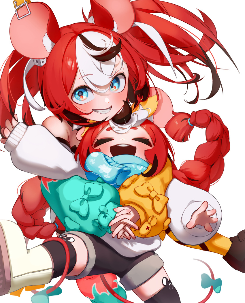 2girls animal_ears appleblossomtea black_hair black_shorts black_socks blue_bow blue_eyes boots bow braid closed_eyes hakos_baelz highres hololive hololive_english long_hair looking_at_viewer mouse_ears mouse_girl mouse_tail multiple_girls official_alternate_costume open_mouth red_hair shorts smile socks strawberry_baelz sweater tail tail_bow tail_ornament twin_braids virtual_youtuber white_footwear white_hair white_sweater
