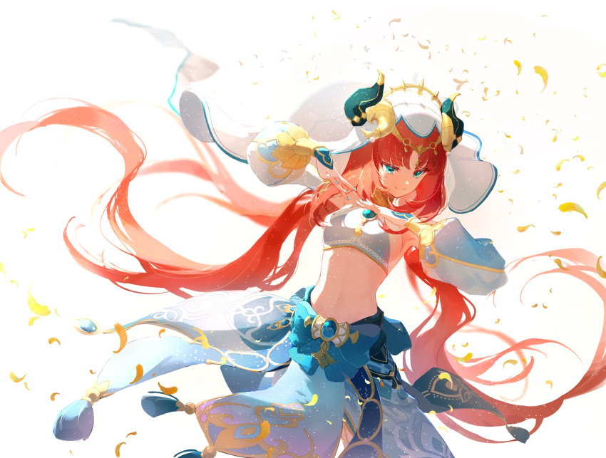 1girl a_ji blue_eyes blue_skirt breasts circlet closed_mouth cowboy_shot detached_sleeves dutch_angle fake_horns falling_petals floating_clothes floating_hair genshin_impact gold_trim hands_up highres horns long_hair long_sleeves low_twintails navel nilou_(genshin_impact) orange_hair parted_bangs petals skirt small_breasts smile solo stomach twintails veil very_long_hair white_background white_headwear