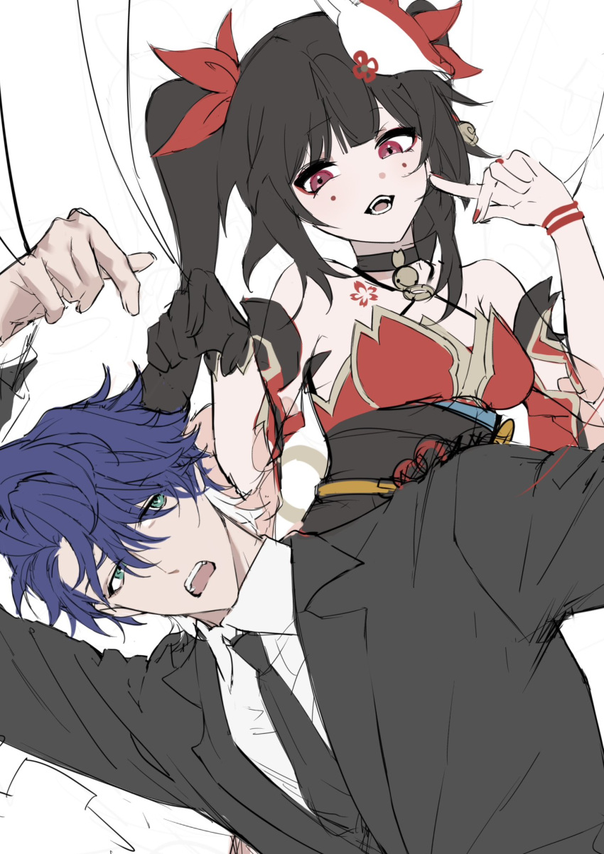 1boy 1girl black_gloves black_hair black_jacket blue_hair dress facial_mark gloves green_eyes highres honkai:_star_rail honkai_(series) jacket long_hair necktie open_mouth red_dress red_eyes sampo_koski shirt short_hair simple_background sparkle_(honkai:_star_rail) suit twintails white_background white_shirt yoyoi_yo1