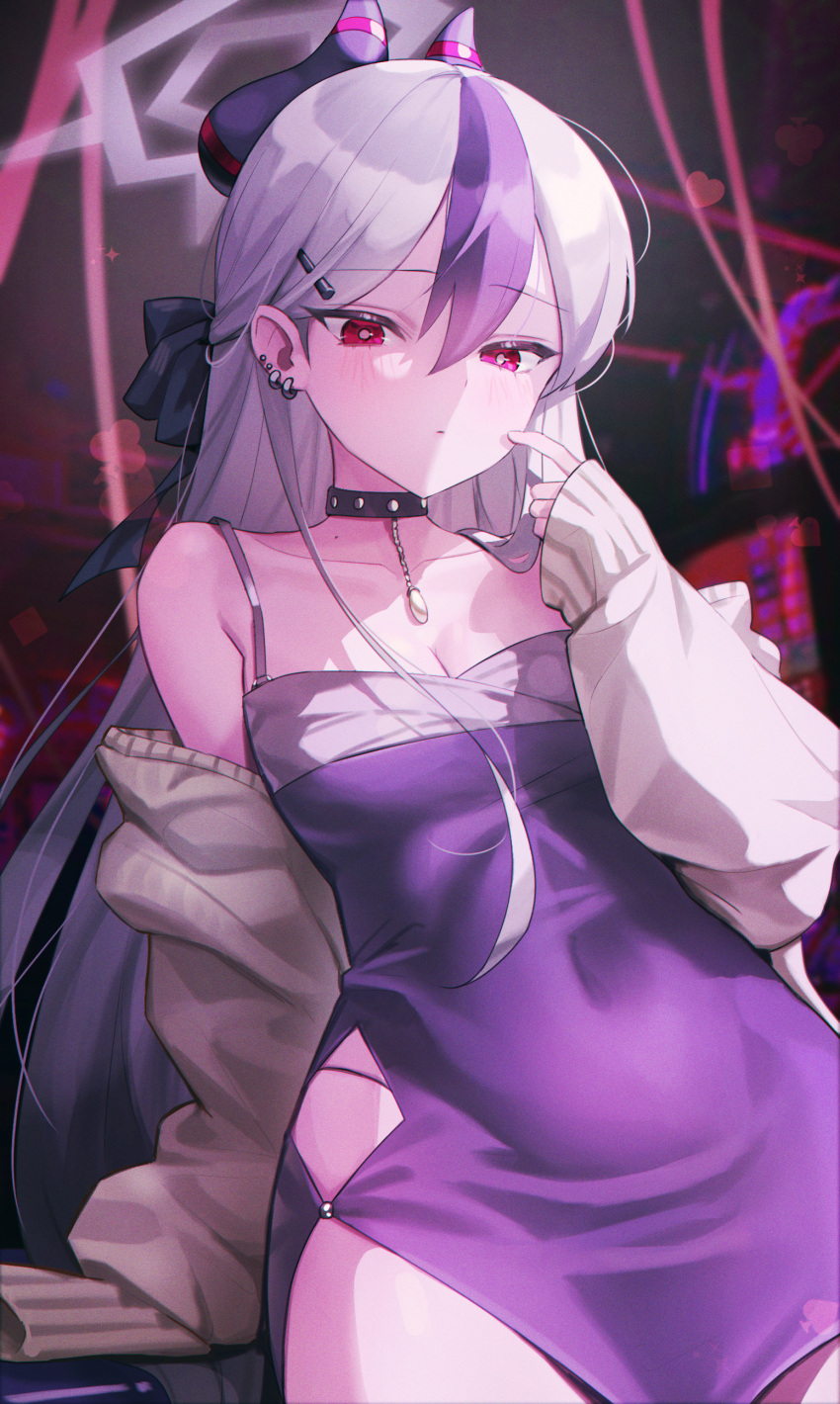 1girl absurdres black_choker black_hair black_horns blue_archive blush choker demon_horns demon_wings diamond_necklace didi_(didi_h3) dress ear_piercing grey_halo grey_jacket hair_between_eyes halo highres horns jacket kayoko_(blue_archive) kayoko_(dress)_(blue_archive) long_hair long_sleeves looking_at_viewer mole mole_on_collarbone mole_on_neck multicolored_hair official_alternate_costume open_clothes piercing purple_dress purple_wings red_eyes single_wing solo white_hair wings