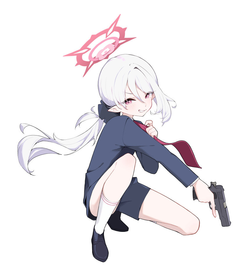 1girl absurdres black_footwear black_shorts blue_archive blush full_body grey_hair grin gun halo highres holding holding_gun holding_weapon long_hair long_sleeves looking_at_viewer mona_kkkk mutsuki_(blue_archive) mutsuki_(suit)_(blue_archive) necktie official_alternate_costume pointy_ears ponytail purple_eyes red_halo red_necktie shoes shorts simple_background smile socks solo suit weapon white_background white_socks