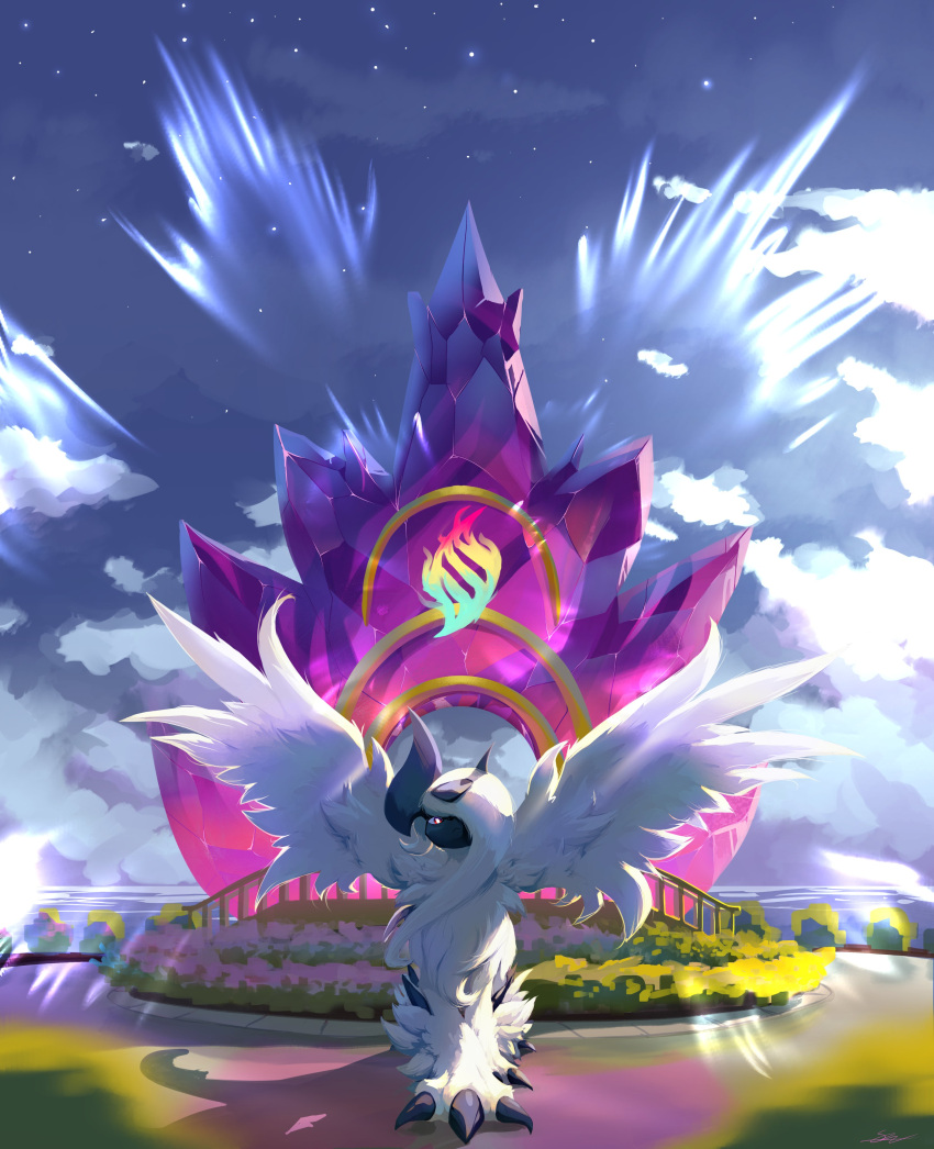 absol absurdres anistar_city bright_pupils claws closed_mouth cloud crystal english_commentary frown highres likey looking_at_viewer mega_absol no_humans outdoors pokemon pokemon_(creature) red_eyes sky solo standing white_fur white_pupils
