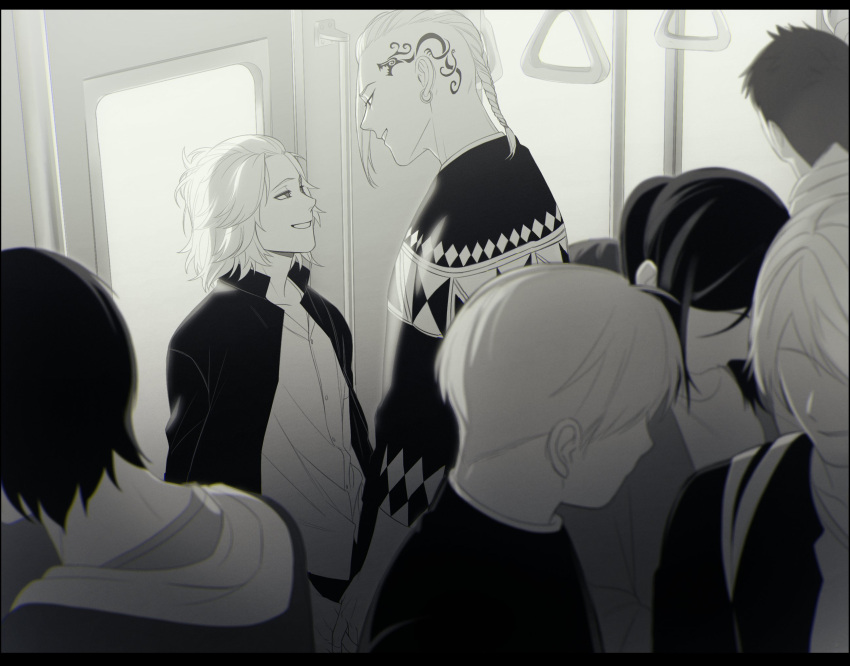 1girl 6+boys dress_shirt eye_contact grin head_tattoo highres hood hood_down jacket long_hair long_sleeves looking_at_another multiple_boys ponytail riffraffhellyea ryuuguuji_ken sano_manjirou shirt short_hair smile standing teeth tokyo_revengers train_interior upper_body