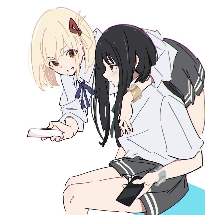 2girls arm_around_neck atenaba black_hair blonde_hair blue_ribbon blush bracelet cellphone chromatic_aberration collared_shirt grey_skirt hair_ribbon highres holding holding_phone inoue_takina jewelry long_hair lycoris_recoil medium_hair multiple_girls neck_ribbon nishikigi_chisato parted_lips phone pleated_skirt purple_eyes red_eyes red_ribbon ribbon school_uniform shadow shirt short_sleeves simple_background sitting skirt smartphone smile white_background white_shirt