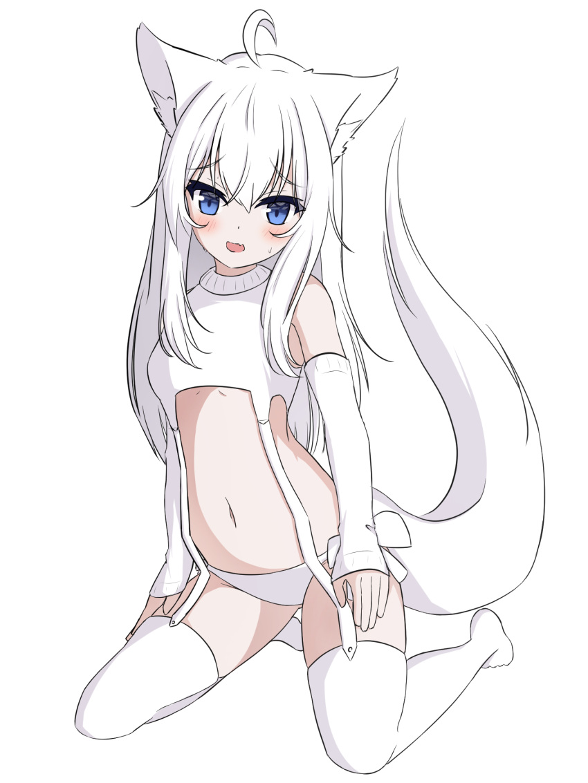1girl ahoge animal_ear_fluff animal_ears bare_shoulders blue_eyes blush commentary_request detached_sleeves fox_ears fox_girl fox_tail full_body hair_between_eyes highres kuronagi_(mitora_uwu) long_hair long_sleeves navel no_shoes open_mouth original panties simple_background sleeveless sleeves_past_wrists solo sweat tail thighhighs underwear very_long_hair white_background white_hair white_panties white_sleeves white_thighhighs