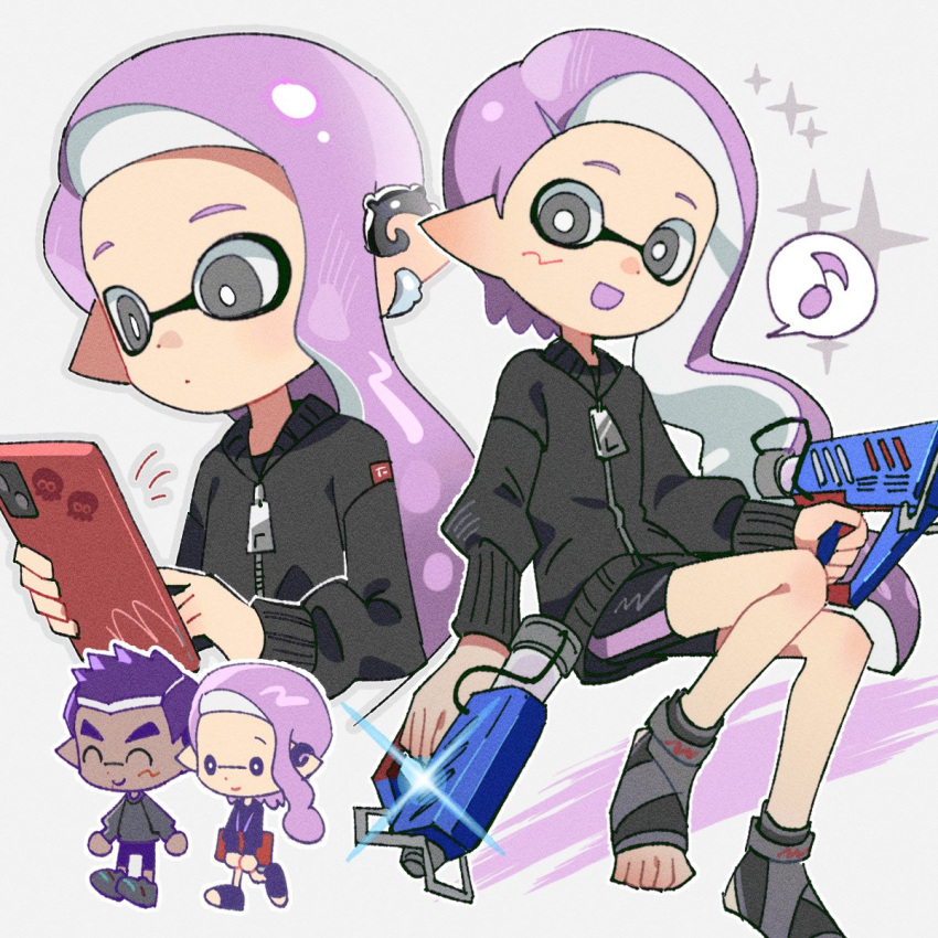 1boy 1girl :d bike_shorts black_sweater chibi chibi_inset closed_eyes closed_mouth commentary dark-skinned_male dark_skin dot_nose dual_wielding earrings glint glooga_dualies_(splatoon) grey_background grey_eyes grey_footwear gun hg_swdiary highres holding holding_gun holding_phone holding_weapon inkling inkling_boy inkling_girl inkling_player_character jewelry long_hair multiple_views musical_note open_mouth phone pointy_ears purple_hair sitting sleeves_past_wrists smile sparkle splatoon_(series) splatoon_3 spoken_musical_note sweater symbol-only_commentary tentacle_hair weapon