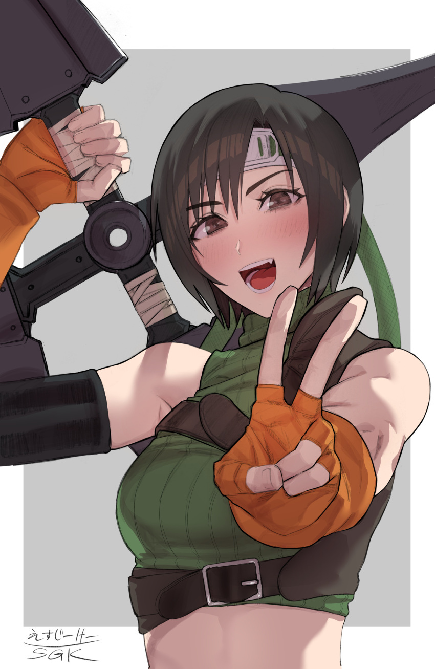 1girl absurdres belt black_belt black_hair breasts brown_eyes commentary_request crop_top final_fantasy final_fantasy_vii fingerless_gloves forehead_protector gloves highres holding holding_shuriken holding_weapon medium_breasts midriff open_mouth orange_gloves sgk short_hair shuriken signature sleeveless sleeveless_turtleneck smile solo turtleneck upper_body v weapon yuffie_kisaragi