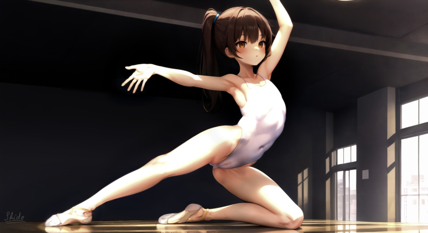 1girl ai-generated arm_up armpits athletic_leotard ballerina ballet ballet_slippers brown_eyes brown_hair feet flexible gymnastics highres indoors legs leotard non-web_source original pussy shidoari shoes split swimsuit white_leotard