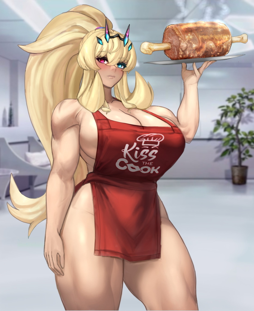 1girl absurdres apron bare_shoulders barghest_(fate) blonde_hair bone boned_meat breasts cleavage fate/grand_order fate_(series) food green_eyes heterochromia highres huge_breasts long_hair meat muscular muscular_female naked_apron ponytail raskasar red_apron red_eyes solo thick_thighs thighs tray