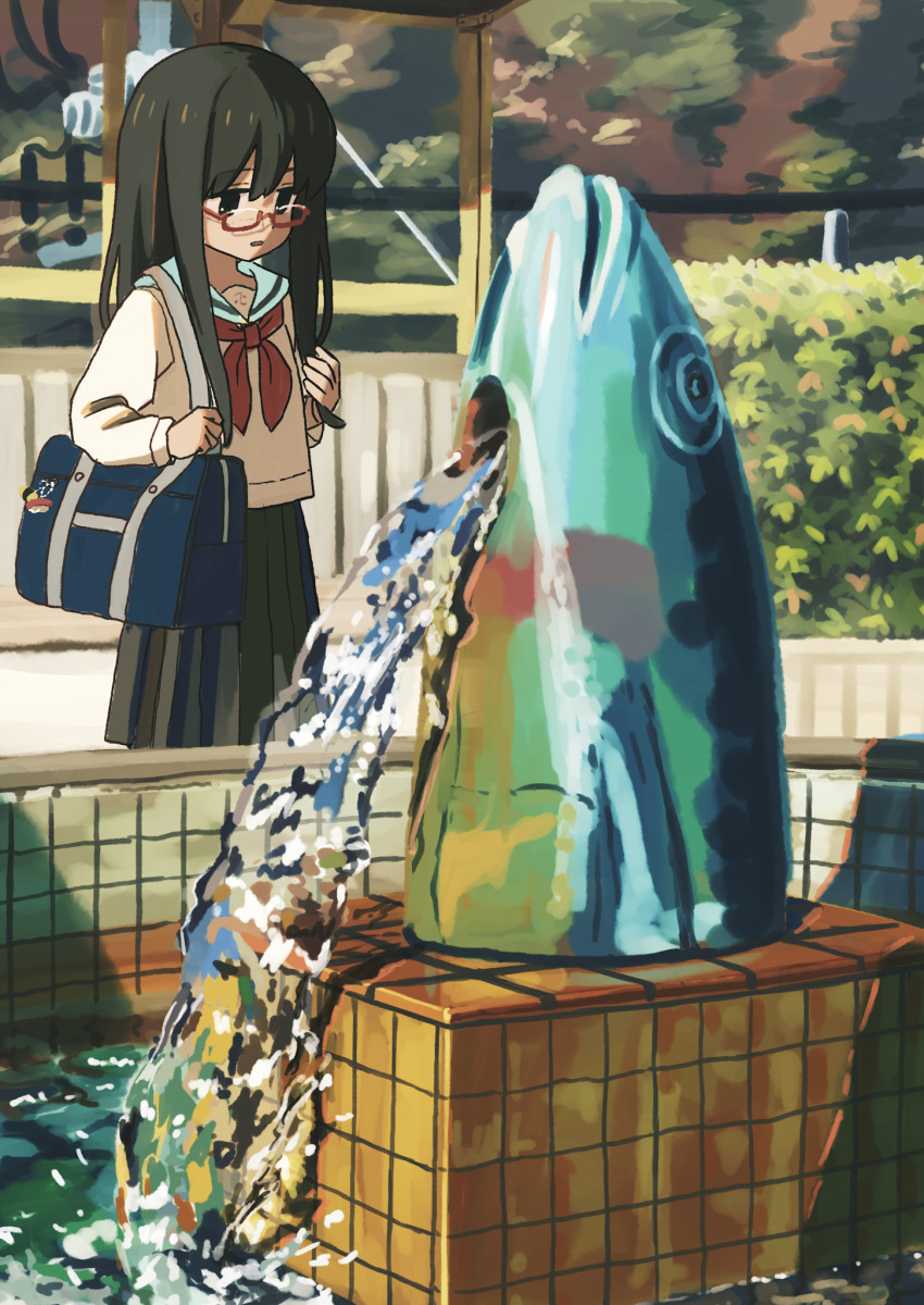 1girl bag bag_charm black_hair black_skirt blue_bag charm_(object) commentary_request fish_head fountain glasses hair_between_eyes hedge highres holding holding_bag long_hair looking_at_object neckerchief nerio_(neri_akira) original pleated_skirt red-framed_eyewear red_neckerchief sailor_collar scenery school_bag school_uniform serafuku shoulder_bag sidelocks skirt solo tiles water white_serafuku