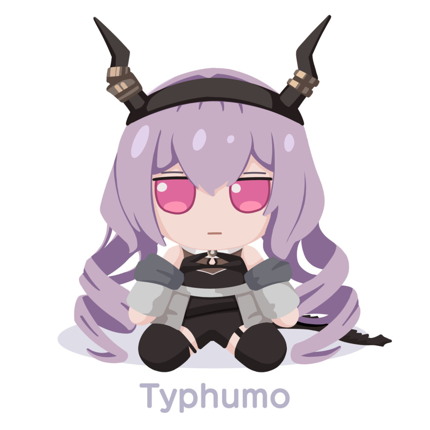 1girl arknights black_hairband black_thighhighs character_name chibi fake_horns full_body fumo_(doll) gribberoni hairband highres horn_hairband horns jacket jitome long_hair off_shoulder open_clothes pun purple_hair red_eyes simple_background sitting solo thighhighs typhon_(arknights) very_long_hair white_background