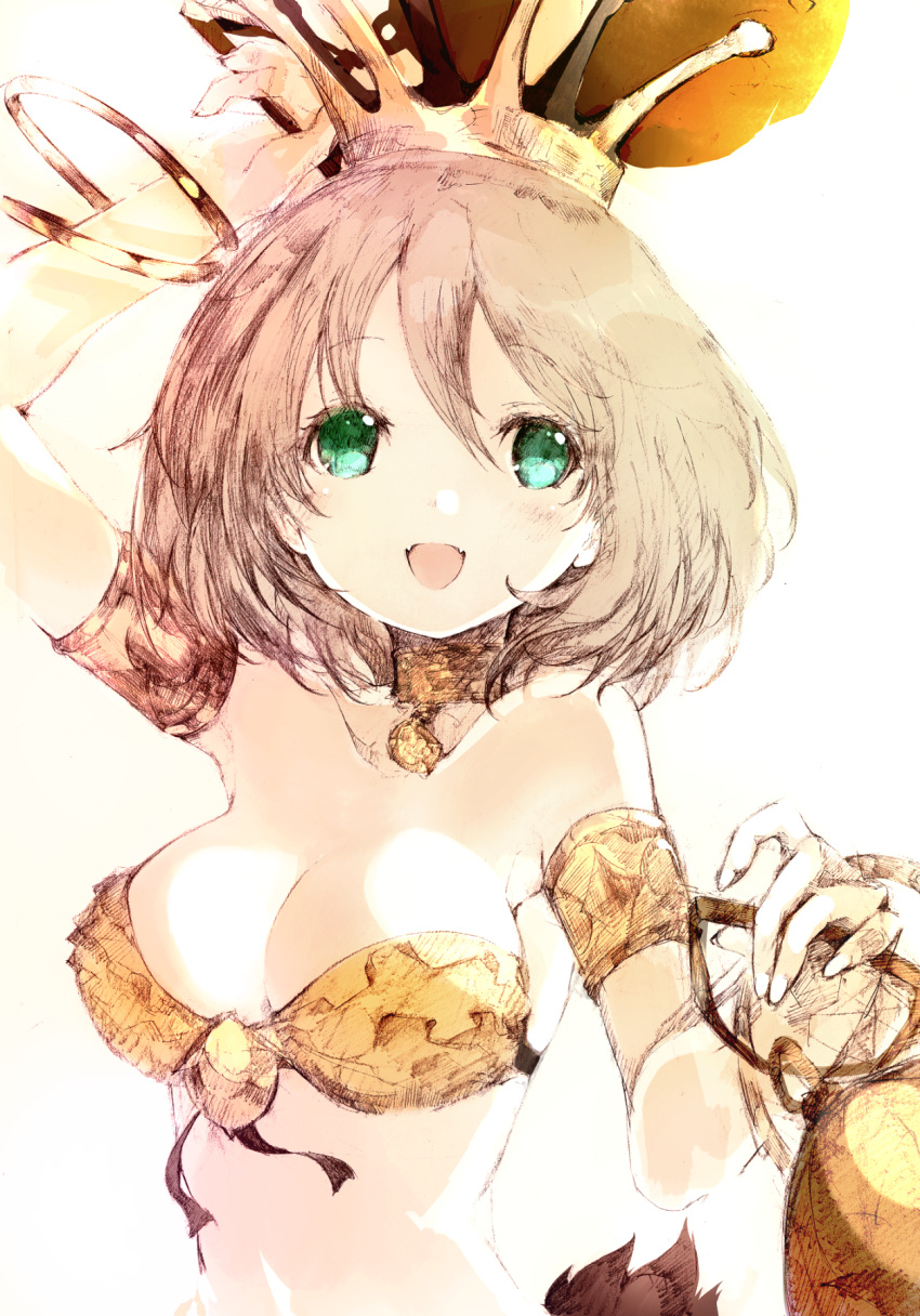 1girl arm_up bangle bare_shoulders bell bracelet breasts brown_hair choker cleavage crown fang gold_armlet highres holding holding_weapon jewelry jingle_bell kakuwashi light_blush looking_at_viewer medium_breasts open_mouth refrain_no_chika_meikyuu_to_majo_no_ryodan short_hair skin_fang smile solo standing theatrical_star upper_body weapon white_background