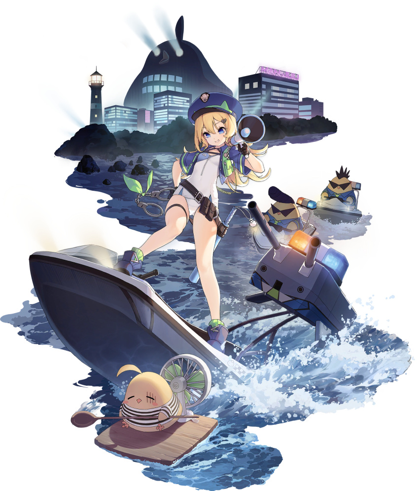1girl abercrombie_(azur_lane) abercrombie_(hot_on_your_trail)_(azur_lane) azur_lane baton_(weapon) belt belt_pouch black_gloves blonde_hair blue_eyes blue_footwear blue_headwear blue_jacket bow brown_belt charm_(object) cropped_jacket cuffs full_body gloves green_bow grin hair_between_eyes hair_ornament hand_on_own_hip hat highres holding holding_megaphone jacket kinjo_kuromomo long_hair looking_at_viewer manjuu_(azur_lane) megaphone night official_alternate_costume official_art one-piece_swimsuit outdoors panties peaked_cap police police_uniform pouch smile solo swimsuit thigh_strap transparent_background underwear uniform watercraft weapon white_one-piece_swimsuit white_panties