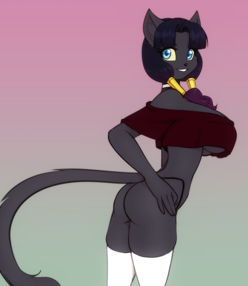 2024 anthro big_breasts blue_eyes breasts butt choker clothed clothing domestic_cat eyebrows eyelashes felid feline felis female fur hair hand_on_hip hi_res jewelry legwear looking_at_viewer mammal necklace off_shoulder scorpdk solo thigh_highs thong topwear under_boob underwear yellow_sclera