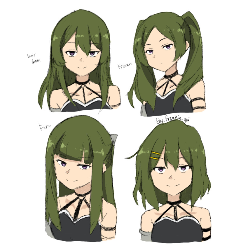 1girl alternate_hairstyle arm_strap blunt_bangs choker commentary cosplay cropped_shoulders english_text fern_(sousou_no_frieren) fern_(sousou_no_frieren)_(cosplay) frieren frieren_(cosplay) green_hair hair_between_eyes hair_down hair_ornament hair_over_shoulder hairclip highres hirasawa_yui hirasawa_yui_(cosplay) k-on! long_hair looking_at_viewer multiple_views o-ring o-ring_choker parted_bangs purple_eyes short_hair simple_background sousou_no_frieren symbol-only_commentary the_freakin_yui twintails ubel_(sousou_no_frieren) white_background