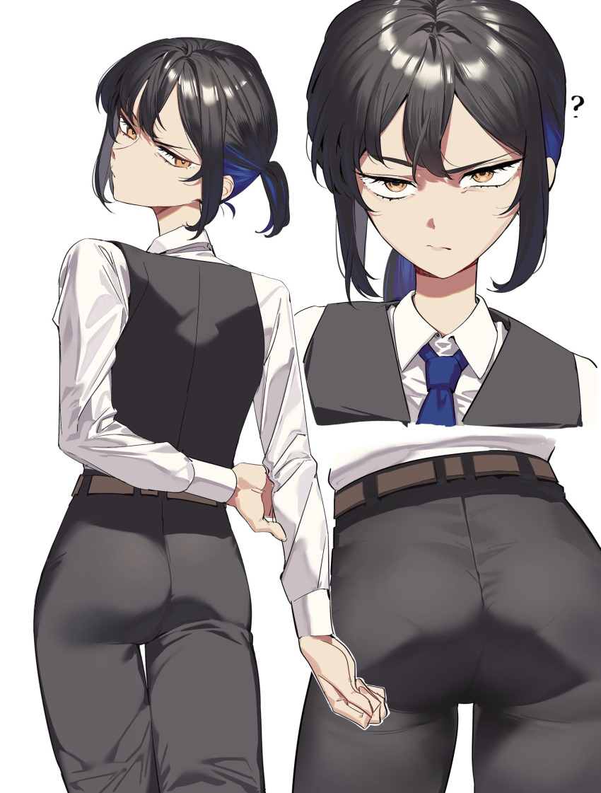 1girl 2l_(2lsize) ? ass belt black_hair black_pants black_vest blue_hair blue_necktie brown_eyes collared_shirt crossdressing formal highres karen_(2l) long_sleeves looking_at_viewer looking_back multicolored_hair necktie original pants ponytail raised_eyebrows reverse_trap shirt short_ponytail simple_background solo streaked_hair tsurime turning_head vest white_background