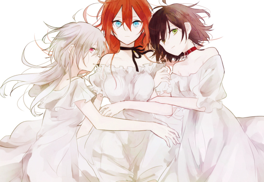 3girls bare_shoulders black_hair black_ribbon blue_eyes breasts collar double-parted_bangs dress green_eyes hair_between_eyes holding_another's_arm lock long_hair looking_at_viewer lying medium_hair mochiosamu_ron multiple_girls neck_ribbon off-shoulder_dress off_shoulder orange_hair original padlock pink_eyes red_collar ribbon simple_background white_background white_dress white_hair