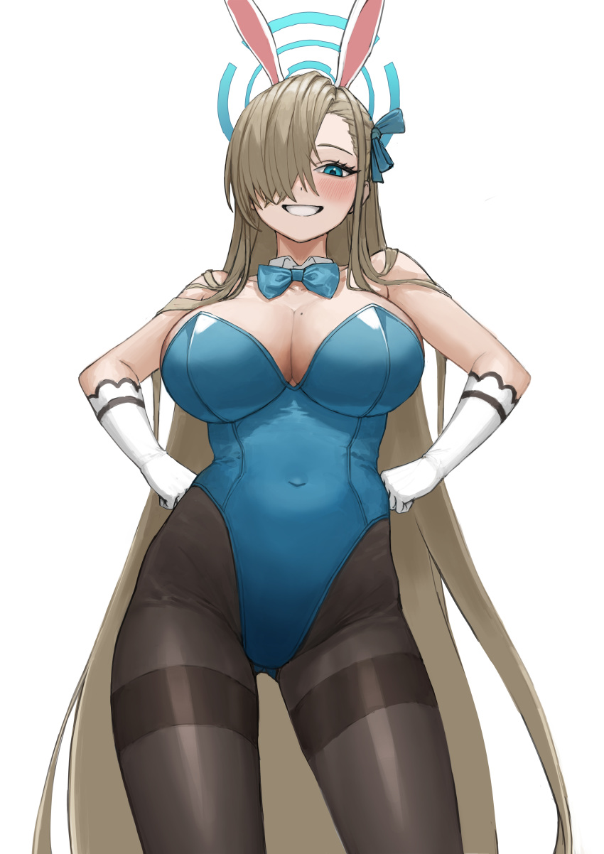 1girl absurdres animal_ears asuna_(blue_archive) asuna_(bunny)_(blue_archive) bare_shoulders black_pantyhose blue_archive blue_bow blue_bowtie blue_leotard blush bow bowtie breasts caffeine500mg cleavage covered_navel detached_collar elbow_gloves fake_animal_ears gloves hair_over_one_eye halo hands_on_own_hips highleg highleg_leotard highres large_breasts leotard light_brown_hair long_hair looking_at_viewer mole mole_on_breast official_alternate_costume pantyhose playboy_bunny rabbit_ears simple_background smile solo strapless strapless_leotard traditional_bowtie very_long_hair white_background white_gloves