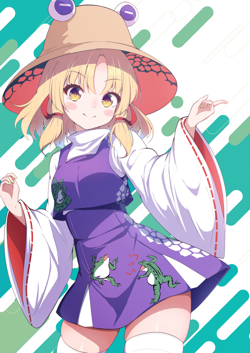 1girl absurdres animal_print blonde_hair blush_stickers brown_hat closed_mouth commentary darumoon eyelashes eyeshadow frog_print green_nails hair_between_eyes hair_ribbon hands_up happy high-waist_skirt highres index_finger_raised long_sleeves looking_at_viewer makeup medium_hair moriya_suwako nail_polish parted_bangs print_skirt print_vest purple_skirt purple_vest pyonta red_ribbon ribbon ribbon-trimmed_sleeves ribbon_trim shirt sidelocks simple_background skindentation skirt smile solo split_mouth straight_hair thighhighs thighs touhou tress_ribbon turtleneck vest white_background white_shirt white_thighhighs wide_sleeves yellow_eyes zettai_ryouiki