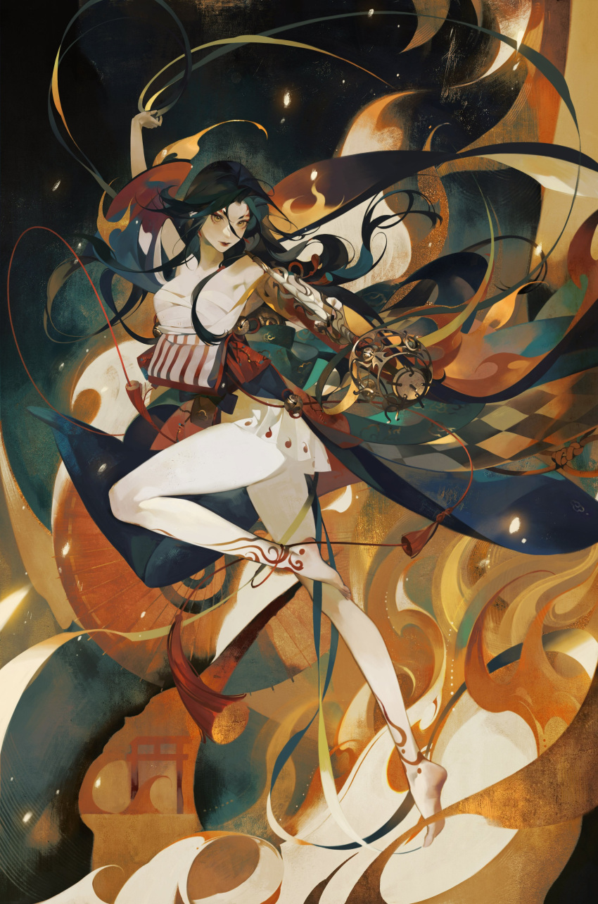 1girl absurdres anklet arm_cannon arm_up armpits bare_arms bare_legs bare_shoulders barefoot black_hair chest_sarashi chinese_commentary closed_mouth commentary_request embers fire flame_tattoo full_body green_ribbon hair_between_eyes highres holding_riding_crop iotaectoplasm jewelry leg_tattoo light_smile lipstick long_hair looking_at_viewer makeup microskirt original pale_skin path pleated_skirt red_lips ribbon sarashi skirt solo tassel tattoo toes torii very_long_hair weapon white_skirt yellow_eyes