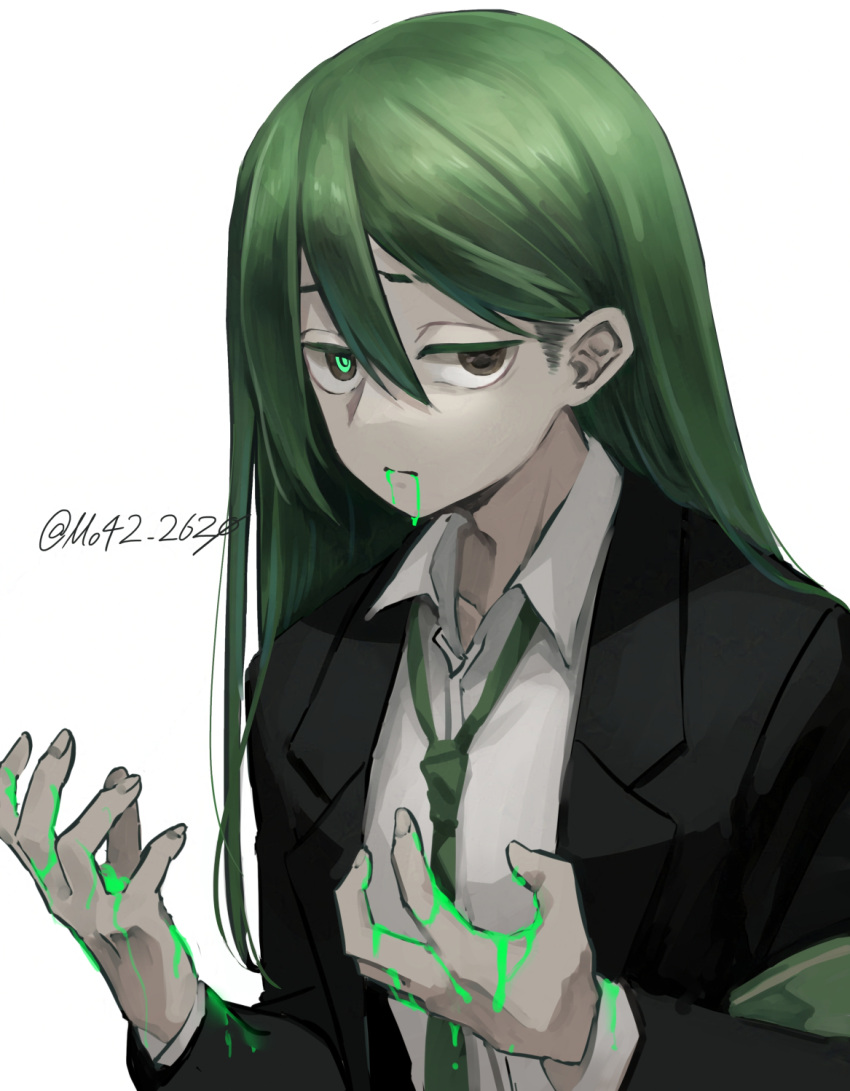 1boy black_jacket brown_eyes collared_shirt enkephalin_(project_moon) green_necktie green_pupils hands_up highres jacket lobotomy_corporation long_sleeves looking_at_viewer mismatched_pupils moribe_denkou necktie netzach_(project_moon) project_moon shirt solo white_shirt wing_collar