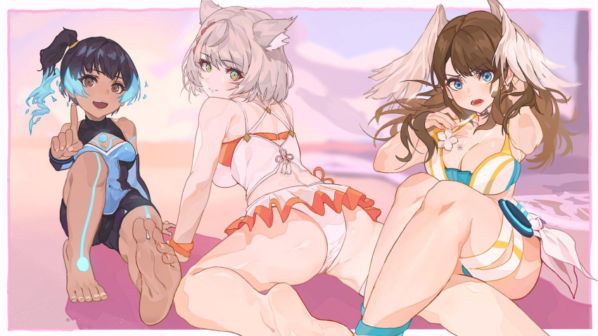 3girls :d animal_ears ass barefoot blue_eyes blue_hair blurry blurry_background body_markings border breast_tattoo breasts brown_eyes brown_hair cat_ears cat_girl closed_mouth commentary dark-skinned_female dark_skin english_commentary eunie_(xenoblade) eyelashes feet fiery_hair flower frilled_skirt frills gbbgb321 grey_hair head_wings highres large_breasts long_hair looking_at_viewer looking_back medium_hair mio_(xenoblade) multicolored_hair multiple_girls official_alternate_costume one-piece_swimsuit open_mouth outside_border panties pantyshot sena_(xenoblade) short_hair side_ponytail sitting skirt small_breasts smile soles swimsuit tattoo teeth toes two-tone_hair underwear upper_teeth_only white_border white_flower white_panties wings xenoblade_chronicles_(series) xenoblade_chronicles_3