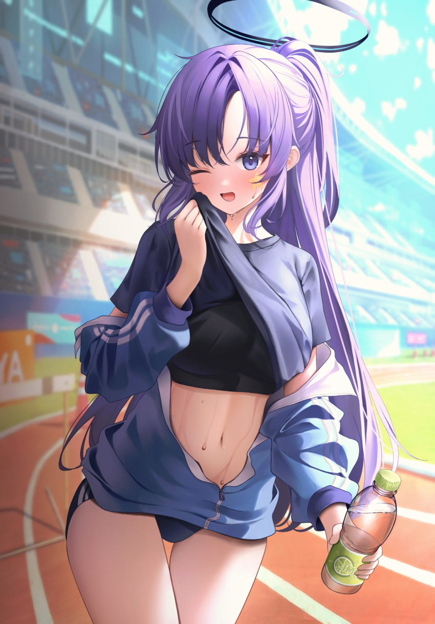 black_halo blue_archive blue_buruma blush bottle buruma gym_uniform halo highres holding holding_bottle jacket long_hair long_sleeves looking_at_viewer mechanical_halo navel open_mouth porihu purple_hair running_track stadium star_sticker sticker_on_face track_jacket wiping_sweat yuuka_(blue_archive) yuuka_(track)_(blue_archive)