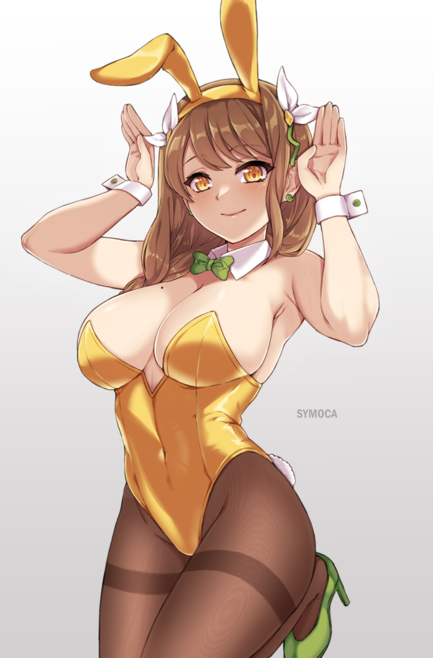 1girl alternate_costume animal_ears armpit_crease braid braided_ponytail breasts brown_hair cleavage fake_animal_ears fake_tail fire_emblem fire_emblem_engage goldmary_(fire_emblem) green_footwear highres large_breasts leotard long_hair looking_at_viewer low_ponytail mole mole_on_breast pantyhose playboy_bunny rabbit_ears rabbit_tail ribbon solo symoca tail white_ribbon white_wrist_cuffs wrist_cuffs yellow_eyes yellow_leotard