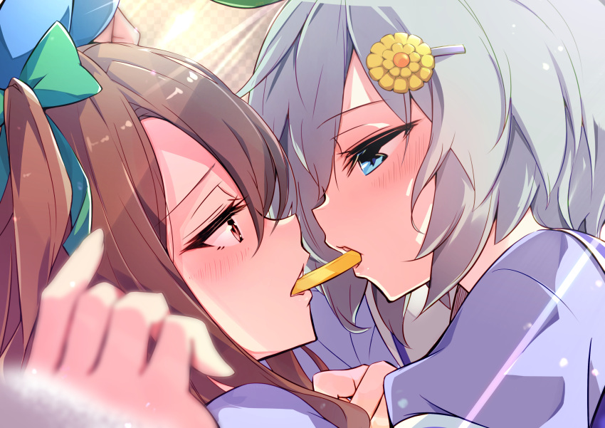 2girls absurdres animal_ears blue_eyes blush brown_hair ear_covers flower food grey_hair hair_flower hair_ornament highres horse_ears horse_girl king_halo_(umamusume) multiple_girls neko_senshi pocky pocky_kiss portrait puffy_sleeves seiun_sky_(umamusume) umamusume yuri