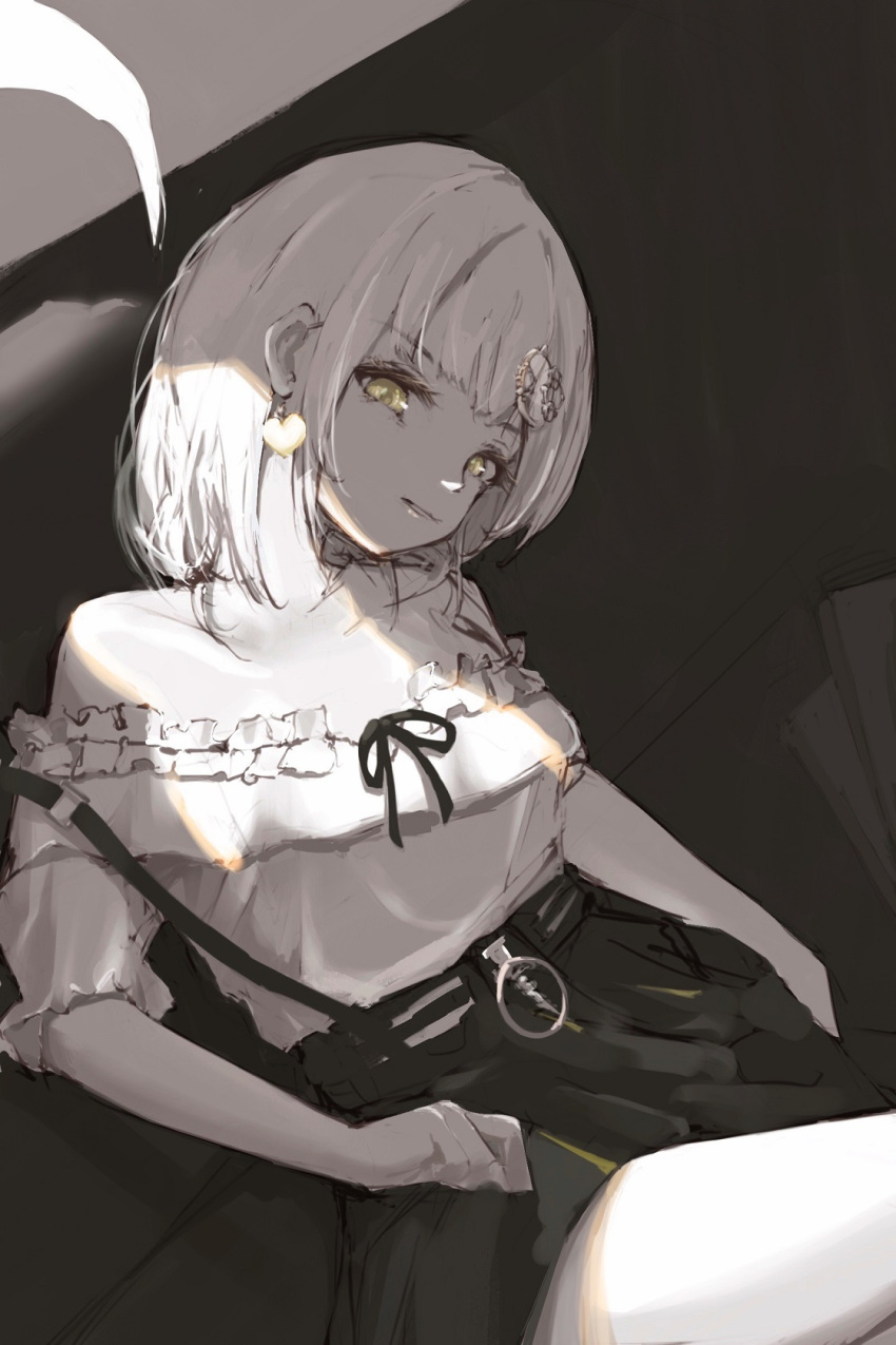 1girl black_socks bob_cut breasts clothes_lift frilled_shirt frills head_tilt high-waist_skirt highres hololive hololive_english looking_at_viewer medium_breasts off-shoulder_shirt off_shoulder parted_lips shin5_art shirt short_hair short_sleeves sitting skirt skirt_lift smirk socks solo spot_color suspender_skirt suspenders virtual_youtuber watson_amelia watson_amelia_(street_casual) yellow_eyes zipper_skirt