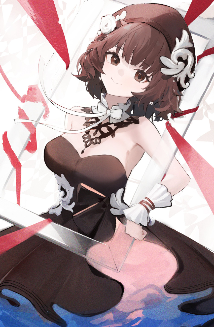 1girl absurdres animal_ears arknights bare_arms bare_shoulders black_dress bow bowtie breasts brown_eyes brown_hair brown_hat cleavage commentary_request detached_collar dress ema_(kuguiema) hair_ornament hat highres large_breasts looking_at_viewer official_alternate_costume roberta_(arknights) roberta_(granter_of_colors)_(arknights) short_hair smile solo split_mouth strapless strapless_dress white_bow white_bowtie