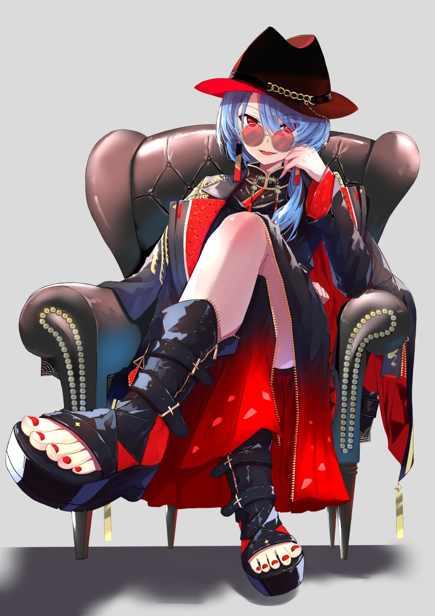 1girl absurdres belt blue_eyes blue_hair coat coat_on_shoulders earrings fedora hair_between_eyes hat hat_chain highres hololive hoshimachi_suisei hoshimachi_suisei_(8th_costume) jewelry long_hair long_sleeves looking_at_viewer nanakusa_ayame neck_tassel official_alternate_costume official_alternate_eye_color official_alternate_hair_length official_alternate_hairstyle print_coat red-tinted_eyewear round_eyewear simple_background skirt solo star_(symbol) star_in_eye sunglasses symbol_in_eye tassel tassel_earrings tinted_eyewear toeless_footwear virtual_youtuber wolf_cut zipper_skirt