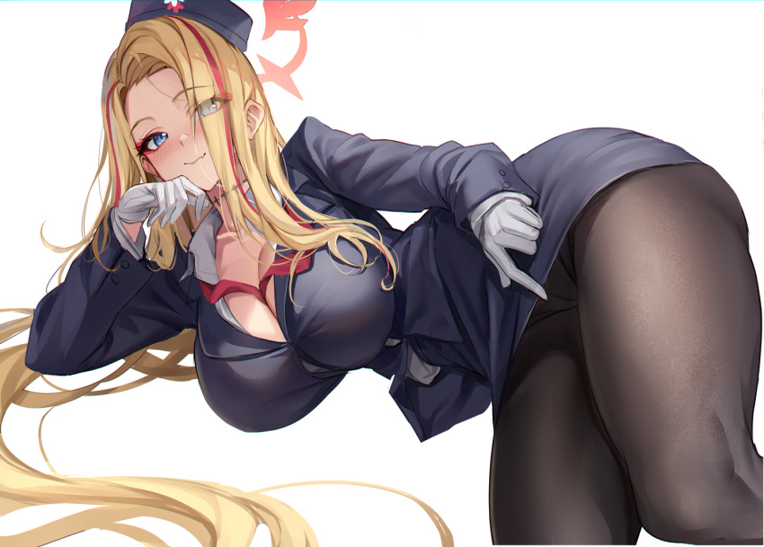 1girl black_hat black_pantyhose black_skirt blonde_hair blue_archive blue_eyes breasts cleavage closed_mouth collared_shirt fang feet_out_of_frame gloves halo hat large_breasts long_hair long_sleeves looking_at_viewer multicolored_hair official_alternate_costume pantyhose pina_(blue_archive) pina_(guide)_(blue_archive) pink_halo red_hair shirt simple_background skin_fang skirt smile solo stone_(ksorede) streaked_hair tour_guide white_background white_gloves white_shirt