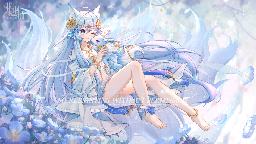 1girl 1other ahoge animal animal_ears anklet bare_shoulders barefoot blue_eyes blue_hair blue_nails chinese_commentary commentary_request day field flower flower_field fox_ears hanamidonan highres jewelry multiple_tails nail_polish original shiny_skin signature solo_focus tail tassel toenail_polish toenails toes watermark