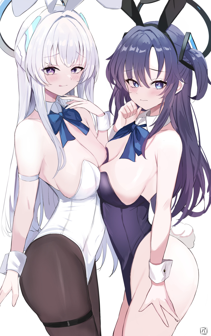 2girls absurdres animal_ears ass black_leotard black_pantyhose blue_archive blush breasts cleavage closed_mouth detached_collar dress fake_animal_ears fake_tail grey_hair halo highres large_breasts leotard long_hair looking_at_viewer mechanical_halo multiple_girls noa_(blue_archive) pantyhose pineapple_(pine) purple_eyes purple_hair rabbit_ears rabbit_tail simple_background strapless strapless_dress tail thigh_strap tongue tongue_out two_side_up white_background wrist_cuffs yuuka_(blue_archive)