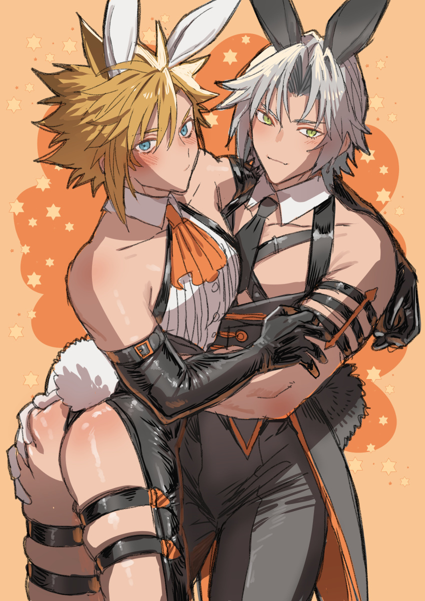2boys :3 aged_down animal_ears belt black_gloves blonde_hair blue_eyes blush chest_strap cloud_strife commentary_request couple final_fantasy final_fantasy_vii gloves green_eyes grey_hair hand_on_another's_ass highres holding hug male_focus multiple_belts multiple_boys none_(kameko227) playboy_bunny rabbit_ears rabbit_tail sephiroth short_hair sleeveless slit_pupils spiked_hair tail yaoi