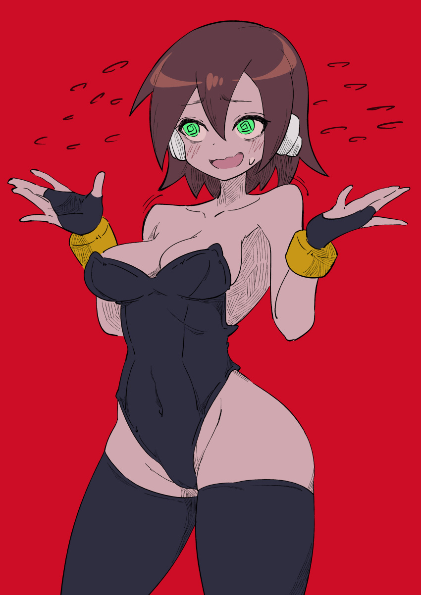 2girls @_@ absurdres aile_(mega_man_zx) bare_shoulders black_bridal_gauntlets black_leotard black_thighhighs breasts bridal_gauntlets brown_hair buzzlyears collarbone covered_navel glowing glowing_eyes green_eyes highleg highleg_leotard highres leotard medium_breasts mega_man_(series) mega_man_zx multiple_girls nervous red_background short_hair simple_background solo thighhighs