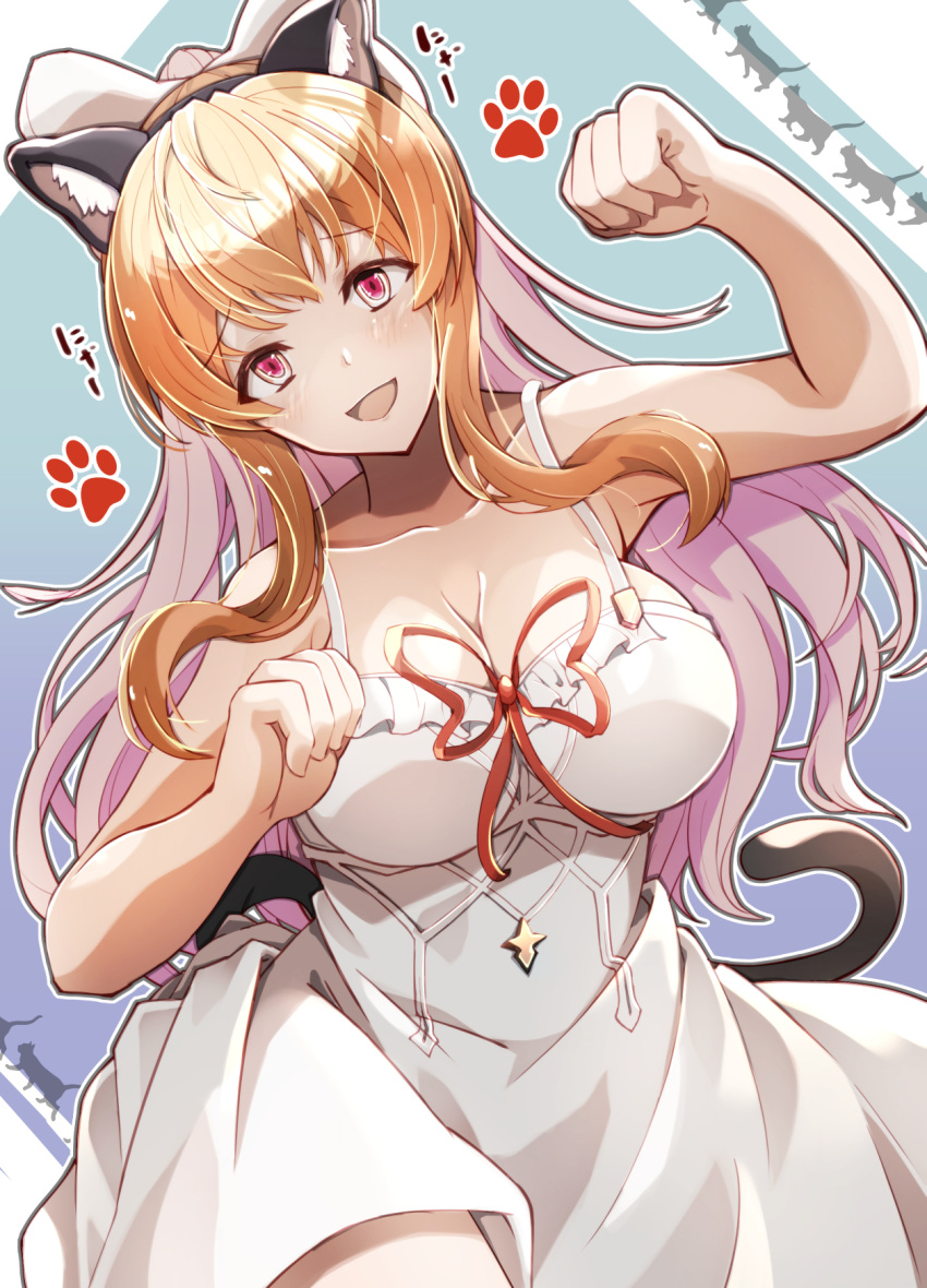 animal_ears bare_shoulders blonde_hair breasts cat_ears cat_tail cleavage dress highres mellow paw_print pink_eyes tail vira_(granblue_fantasy) white_dress