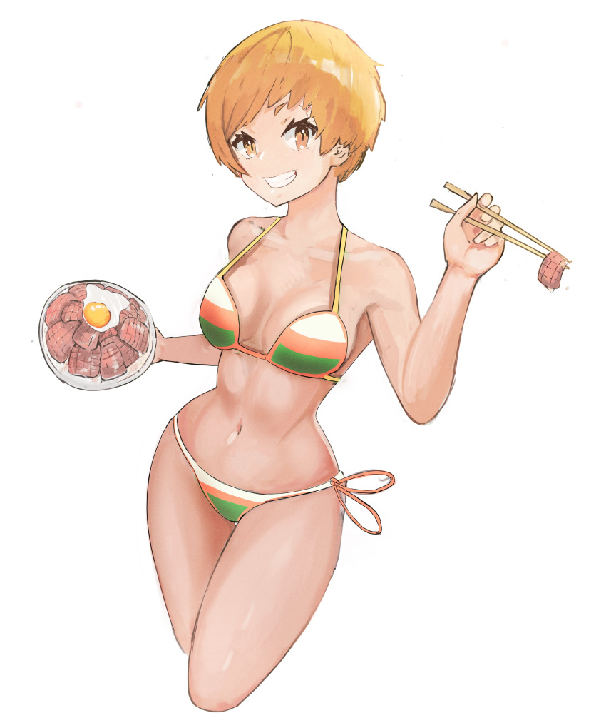 1girl absurdres bikini brown_hair chopsticks collarbone egg_(food) food fried_egg highres holding holding_chopsticks holding_plate light_brown_hair meat multicolored_bikini multicolored_clothes multicolored_swimsuit official_alternate_costume persona persona_4 plate satonaka_chie short_hair simple_background solo swimsuit tefi_blum tomboy white_background