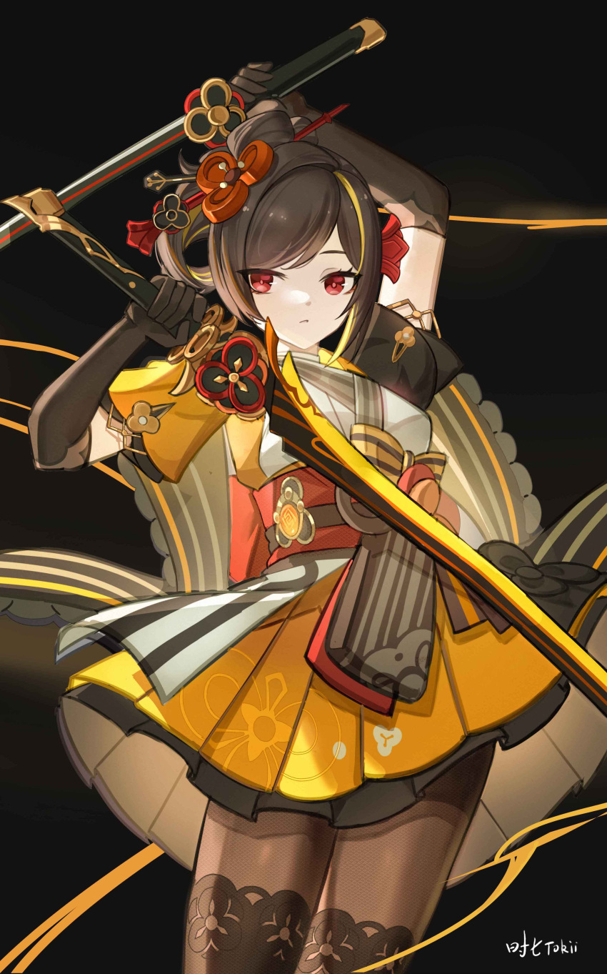 1girl absurdres arm_up artist_name black_gloves black_hair black_pantyhose chiori_(genshin_impact) closed_mouth commentary_request cropped dual_wielding elbow_gloves gaiters genshin_impact gloves grey_kimono hair_ornament hair_stick hand_up highres holding holding_sword holding_weapon japanese_clothes kimono looking_at_viewer multicolored_hair orange_hair pantyhose parted_bangs red_eyes red_sash sash shiqi_tokii short_kimono side_ponytail solo streaked_hair sword thighhigh_gaiters thighhighs thighhighs_over_pantyhose weapon yellow_kimono