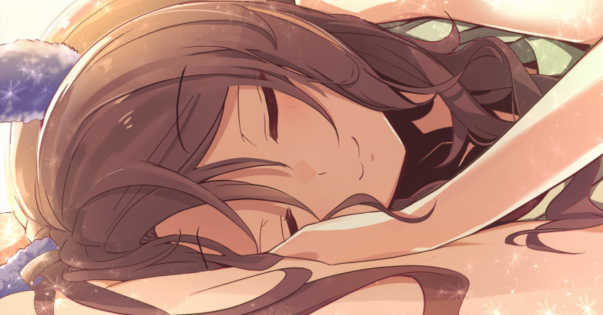 1girl animal_ears brown_hair closed_eyes closed_mouth ear_covers hair_between_eyes highres horse_ears horse_girl king_halo_(umamusume) lying neko_senshi sleeping smile solo umamusume wavy_hair zenless_zone_zero