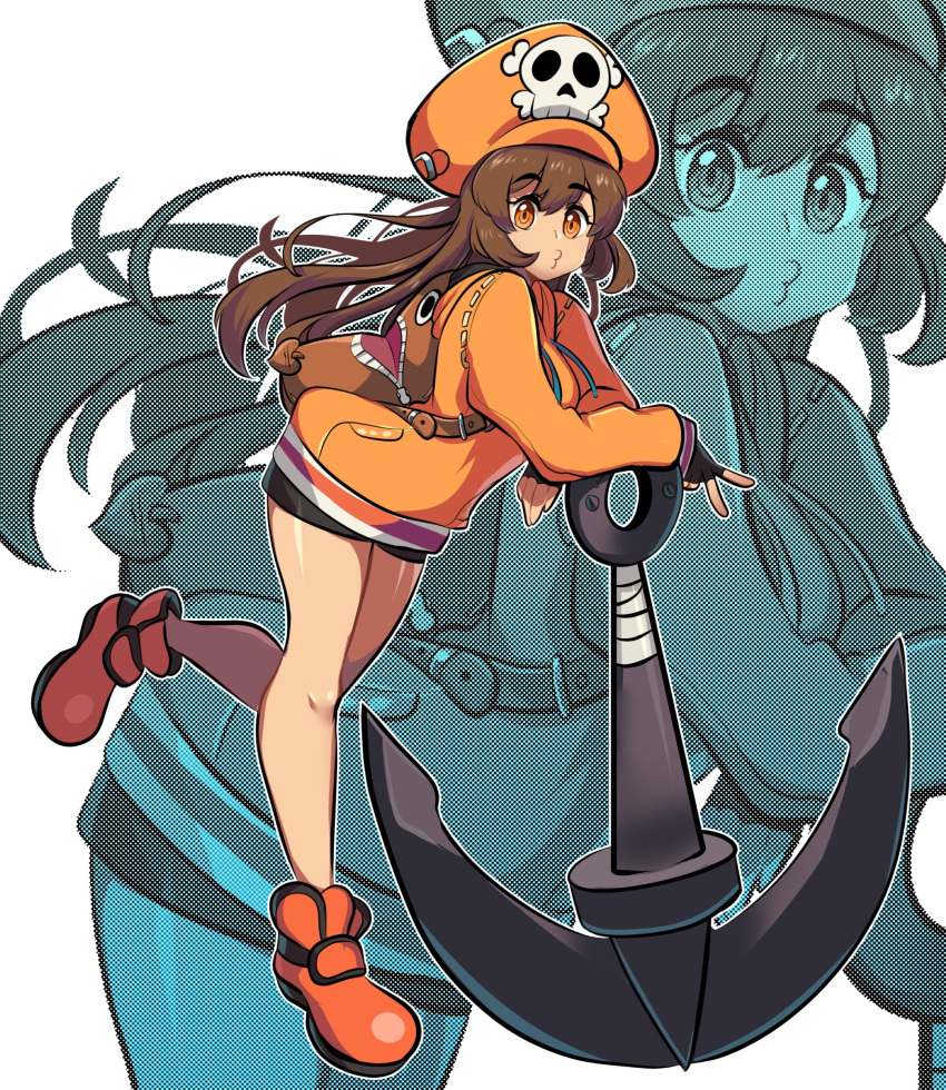 anchor bike_shorts cabbie_hat fingerless_gloves gloves guilty_gear guilty_gear_strive hat hat_ornament highres holding holding_anchor hood hoodie may_(guilty_gear) missandydandy orange_footwear orange_hat orange_hoodie skull_and_crossbones skull_hat_ornament