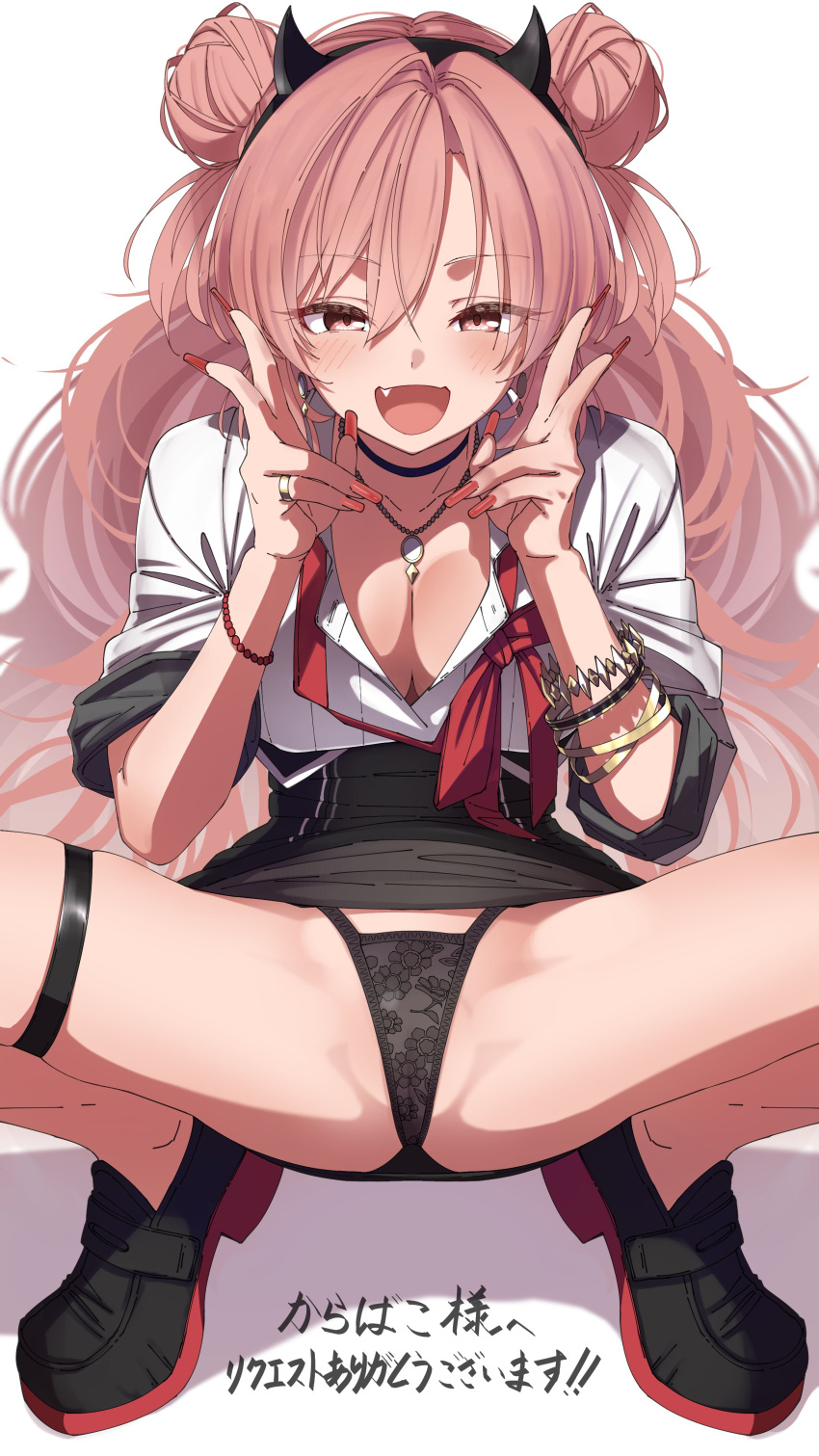 1girl absurdres ass_visible_through_thighs black_footwear black_horns black_panties black_skirt blue_archive blush breasts cleavage clothes_lift double_bun double_v fake_horns fang fingernails gyaru hair_bun high-waist_skirt highres horns jewelry kirara_(blue_archive) large_breasts long_fingernails looking_at_viewer necklace open_mouth panties pink_hair red_eyes red_nails ring shinomu_(cinomoon) shirt short_sleeves skirt skirt_lift solo spread_legs thigh_strap thighs translation_request underwear v white_shirt