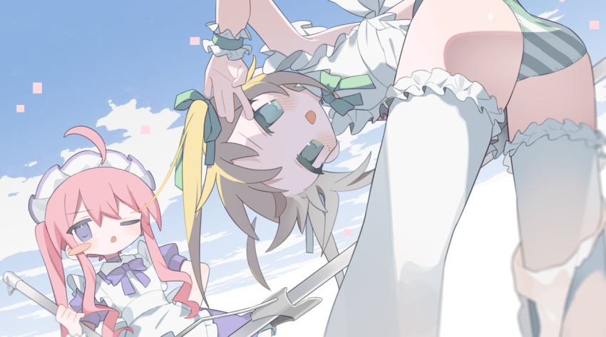 2girls ahoge apron bent_over blonde_hair blue_sky blurry blurry_foreground blush broom cloud daizu_(melon-lemon) day detached_ahoge dress drill_hair drill_sidelocks dutch_angle frilled_apron frilled_thighhighs frilled_wrist_cuffs frills green_eyes green_panties green_ribbon hair_ribbon hand_up holding holding_broom long_hair looking_at_viewer maid maid_apron maid_headdress multiple_girls neck_ribbon one_eye_closed open_mouth original outdoors panties panties_around_one_leg pink_hair puffy_short_sleeves puffy_sleeves purple_dress purple_eyes purple_ribbon ribbon short_sleeves sidelocks single_blush_sticker sky standing striped_clothes striped_panties thighhighs twintails underwear white_apron white_thighhighs wrist_cuffs
