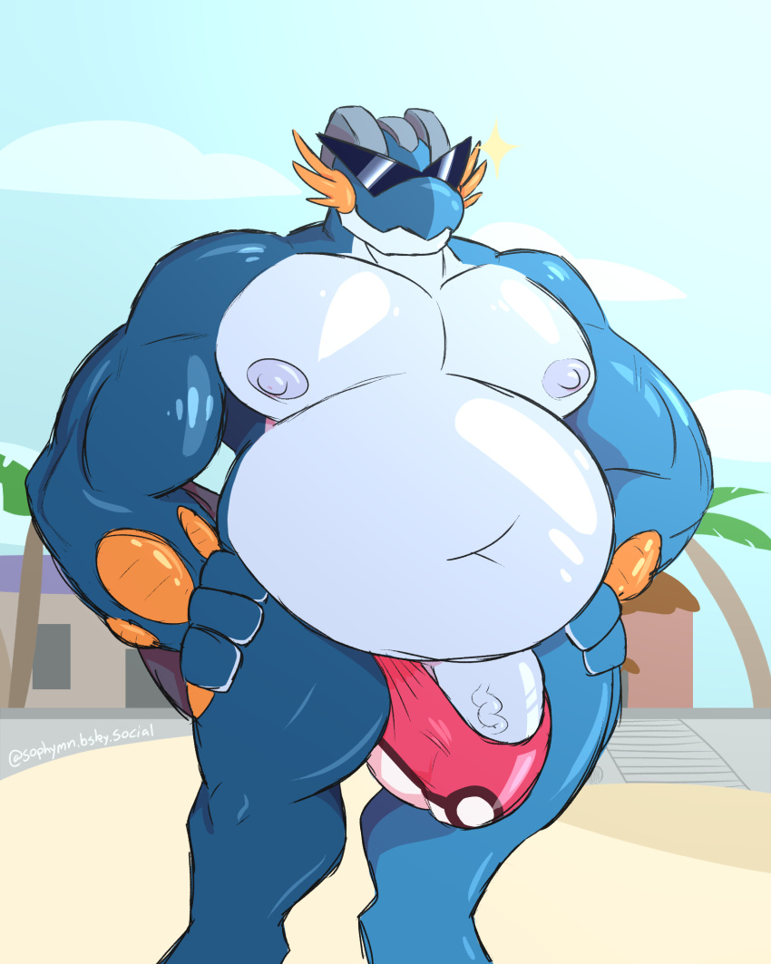 2023 4_fingers amphibian anthro aosoph_(sophymn) beach belly biceps blue_body bulge clothed clothing digital_media_(artwork) digitigrade erection erection_under_clothing eyewear fingers generation_3_pokemon generation_6_pokemon genitals glistening glistening_body half-erect hi_res humanoid_genitalia humanoid_penis kamina_shades male mega_evolution mega_swampert multicolored_body musclegut muscular muscular_anthro muscular_male navel nintendo nipples outside overweight pecs penis pokemon pokemon_(species) sand seaside simple_background sky smile solo sophymn sophymn_(character) speedo speedo_only sunglasses swampert swimwear tail tenting thick_thighs topless two_tone_body vein veiny_penis white_nipples white_penis