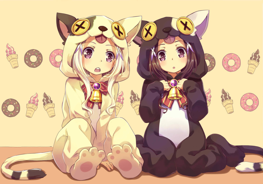 54hao :o animal_costume animal_ears arm_support bell between_legs black_hair blush bow brown_eyes cat_costume cat_ears cat_tail commentary_request doughnut food hair_ornament hand_between_legs hands_up head_tilt highres ice_cream long_hair long_sleeves looking_at_viewer multiple_girls open_mouth original parted_lips red_bow siblings sisters sitting sleeves_past_wrists soft_serve striped striped_bow tail twins upper_teeth wariza white_hair x_hair_ornament