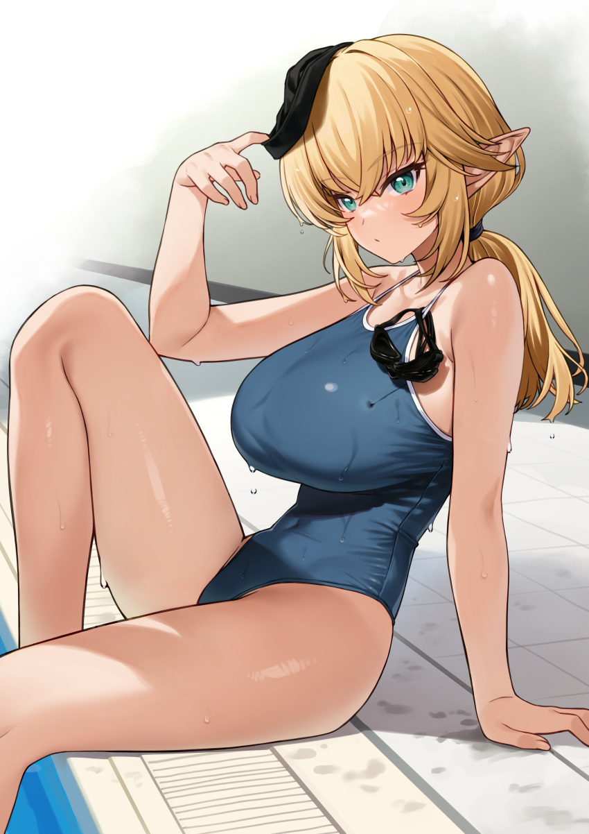 1girl :/ absurdres aegis_(takunomi) alternate_costume aqua_eyes arm_support bare_shoulders black_scrunchie blonde_hair blue_one-piece_swimsuit breasts closed_mouth collarbone commentary_request competition_school_swimsuit covered_navel crossed_bangs drain_(object) dripping elf enjo_kouhai feet_out_of_frame from_side goggles groin hair_between_eyes hair_ornament hair_scrunchie hand_up highres knee_up large_breasts leaning_back long_hair long_pointy_ears looking_at_viewer low_ponytail one-piece_swimsuit pointy_ears ponytail pool poolside removing_headwear school_swimsuit scrunchie shadow sidelocks sitting soaking_feet solo swim_cap swimsuit takunomi thighs tile_floor tiles unworn_goggles wet wet_clothes wet_hair wet_swimsuit